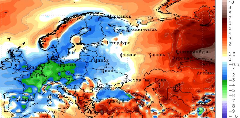 Ожидаемое среднее отклонение температуры воздуха от нормы 24 - 28 мая по данным CFS (°С)