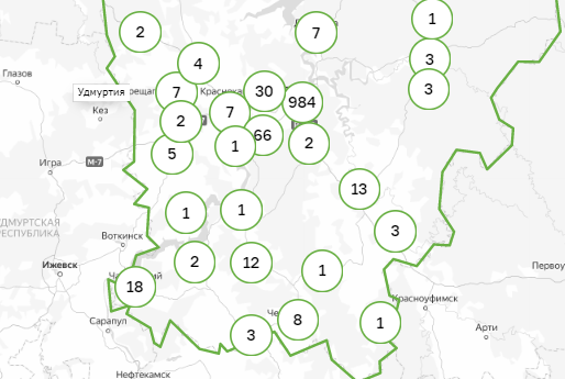 Карта заражения коронавирусом по территориям Пермского края. 21 мая