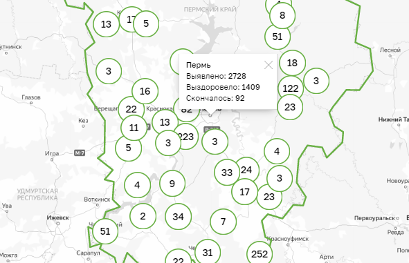 Карта заражения коронавирусом по территориям Пермского края. 9 июля