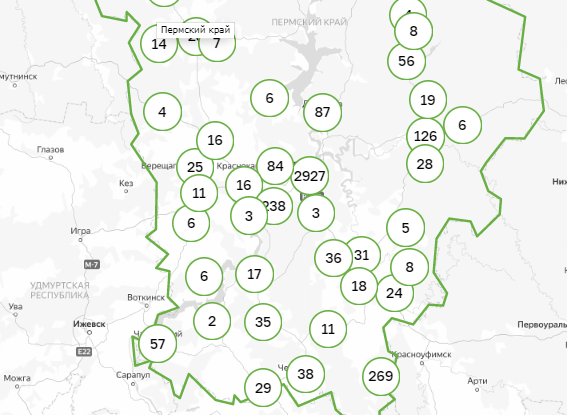Карта заражения коронавирусом по территориям Пермского края. 15 июля