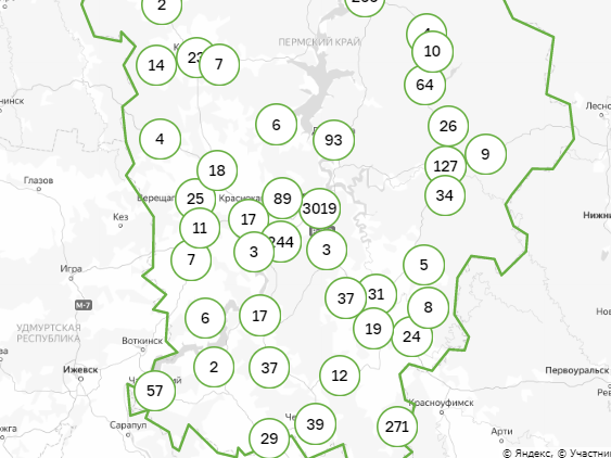 Карта заражения коронавирусом по территориям Пермского края. 17 июля