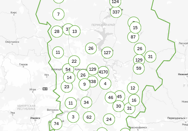 Карта заражения коронавирусом по территориям Пермского края. 12 августа