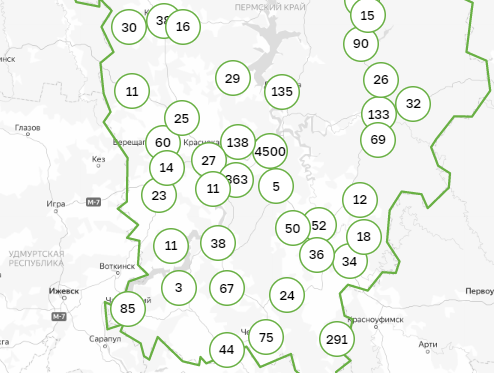 Карта заражения коронавирусом по территориям Пермского края. 20 августа