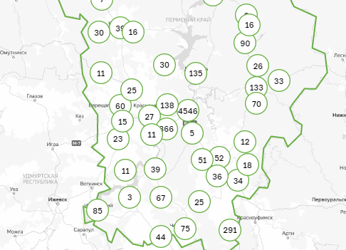Карта заражения коронавирусом по территориям Пермского края. 21 августа
