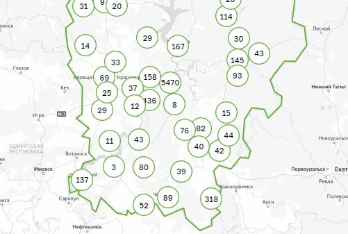 Карта заражения коронавирусом по территориям Пермского края. 18 сентября