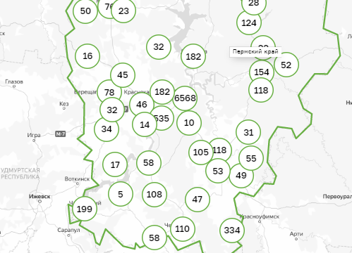 Карта заражения коронавирусом по территориям Пермского края. 12 октября