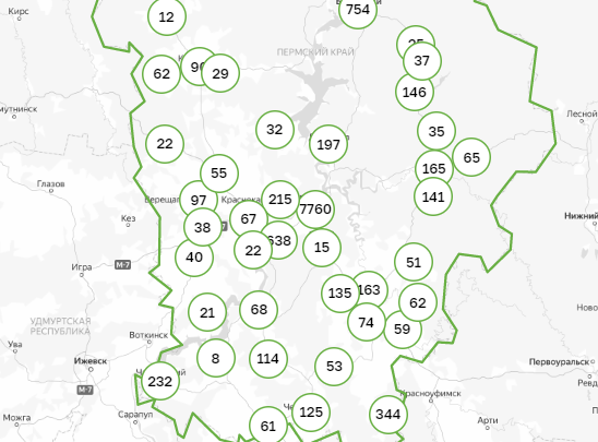 Карта заражения коронавирусом по территориям Пермского края. 27 октября