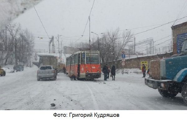 Пермь. Трамвай 8 маршрута до часу дня был на линии встречного движения